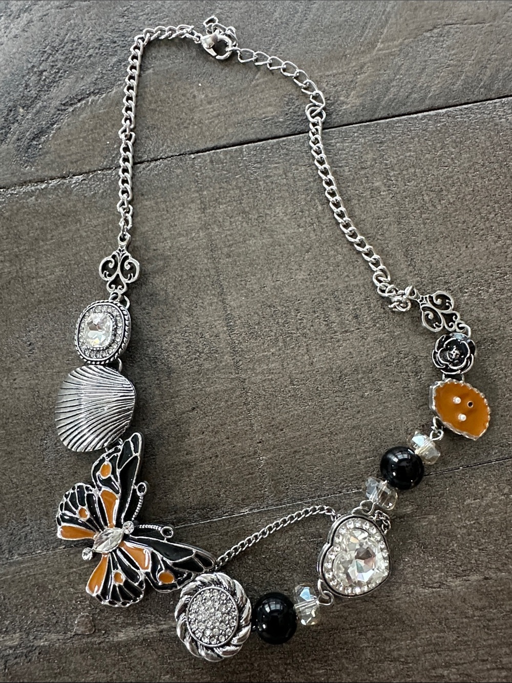 Silver-Tone Butterfly Statement Necklace with Amber Accents